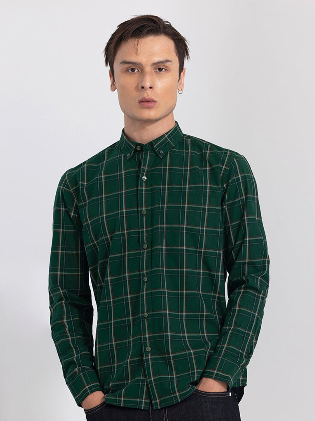 

Snitch Green Classic Slim Fit Opaque Checked Pure Cotton Casual Shirt