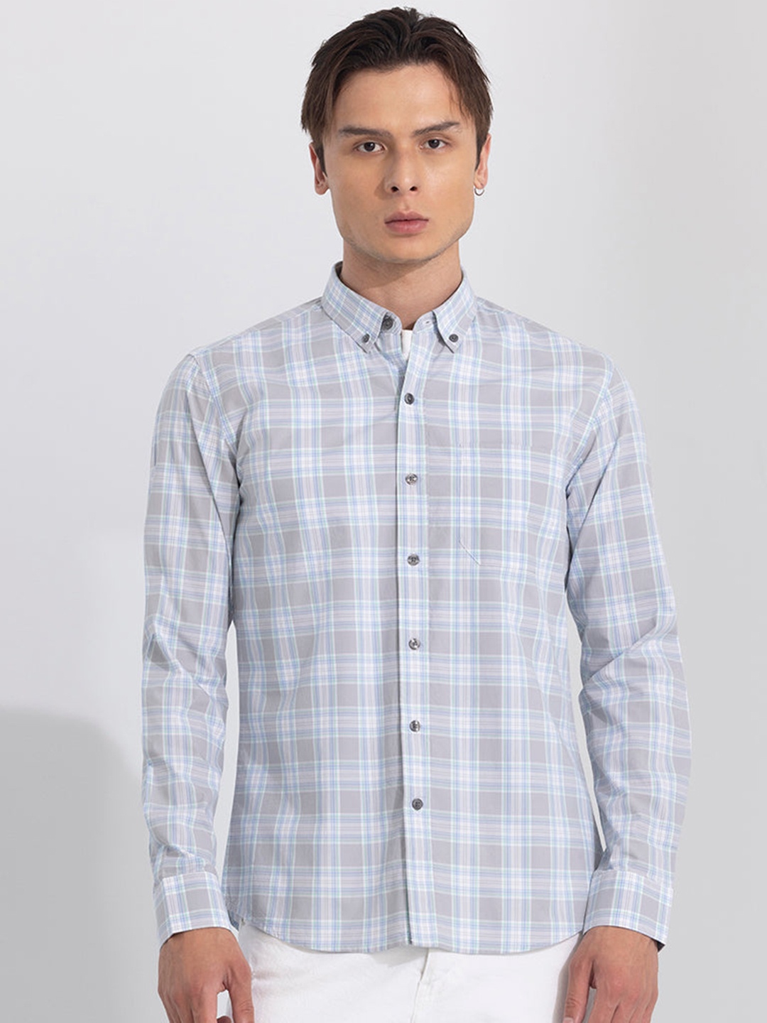 

Snitch Grey Classic Slim Fit Opaque Checked Pure Cotton Casual Shirt