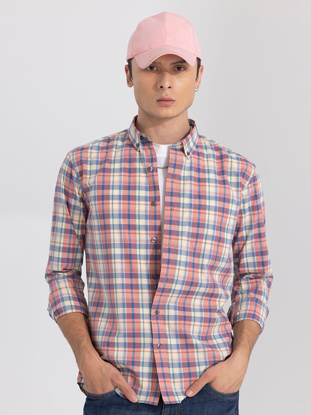 

Snitch Classic Slim Fit Tartan Checks Opaque Casual Shirt, Pink