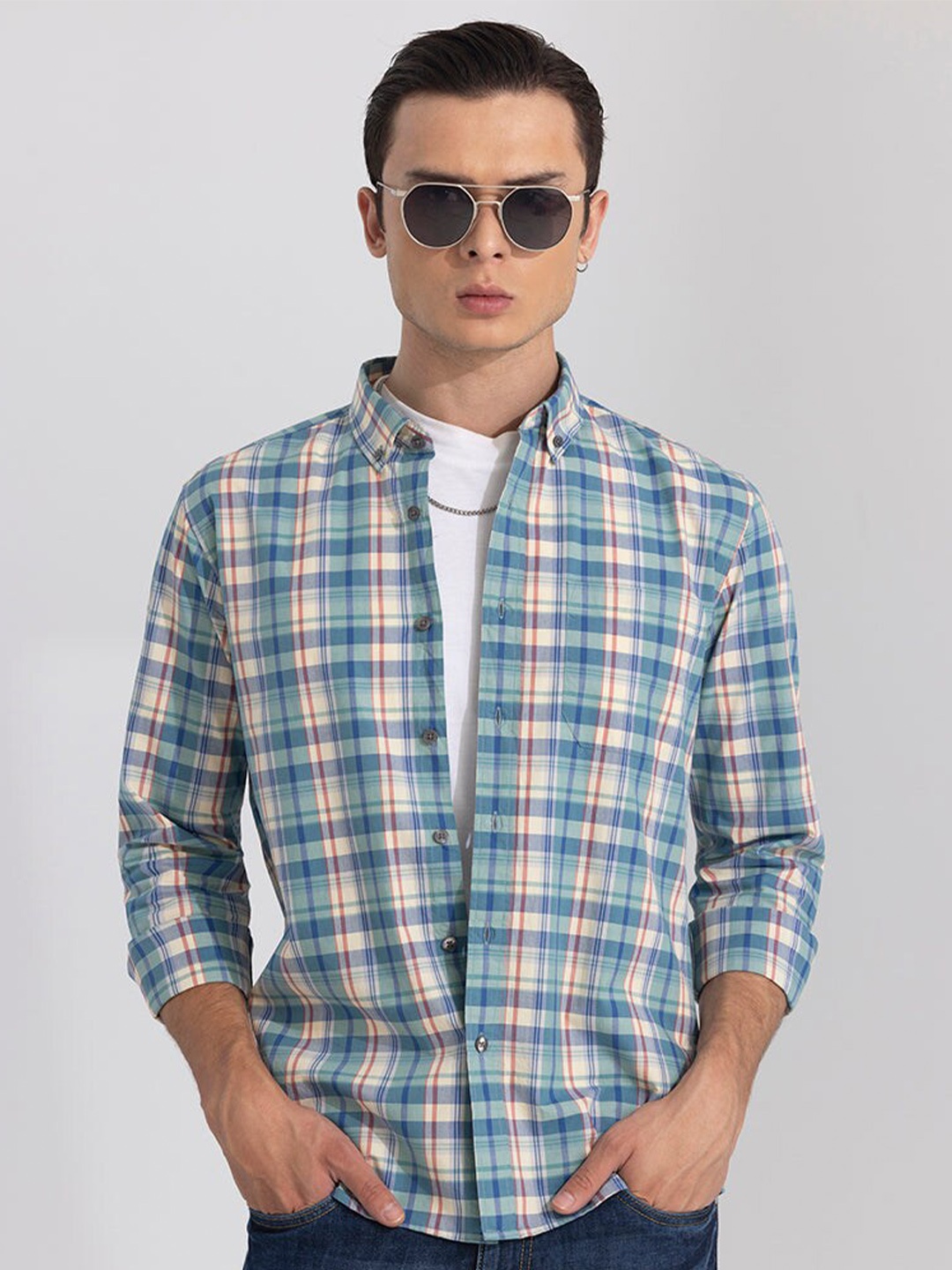 

Snitch Classic Slim Fit Tartan Checks Opaque Casual Shirt, Green