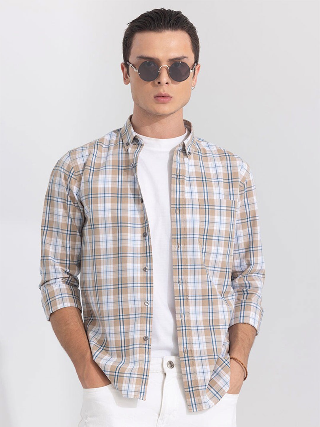 

Snitch Classic Slim Fit Tartan Checks Opaque Casual Shirt, Beige