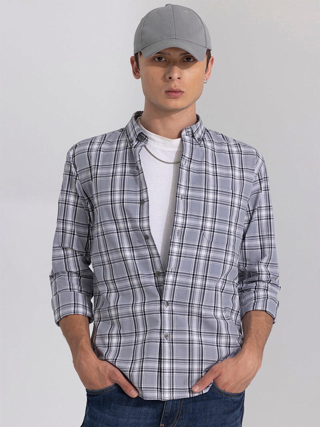 

Snitch Classic Slim Fit Opaque Checked Casual Shirt, Grey