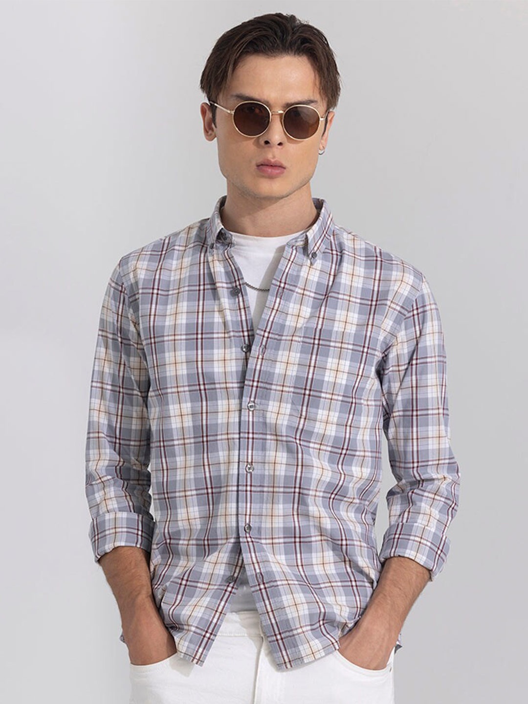 

Snitch Classic Slim Fit Opaque Checked Casual Shirt, Grey