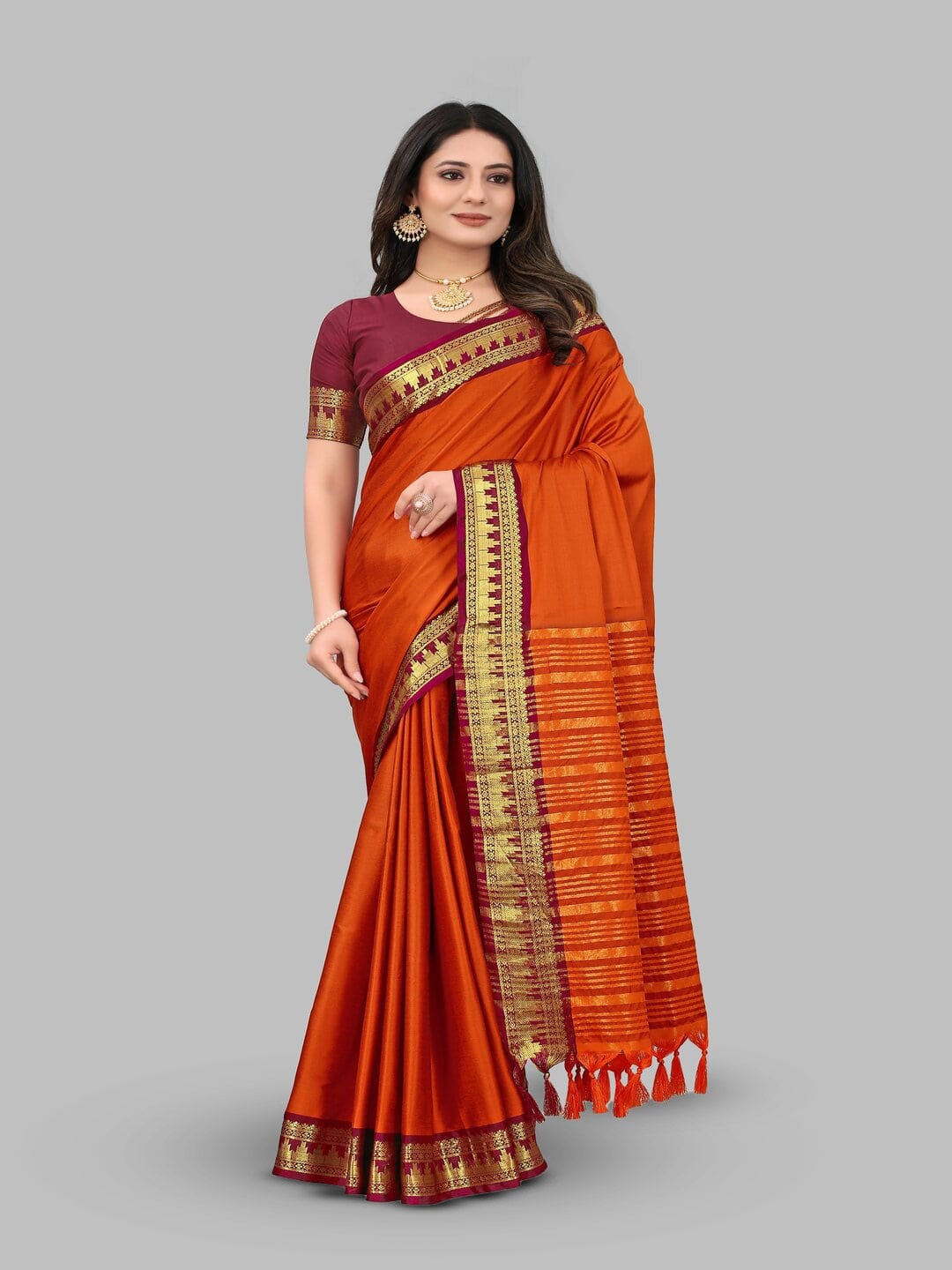 

Paramparik Textile Zari Pure Silk Banarasi Saree, Orange