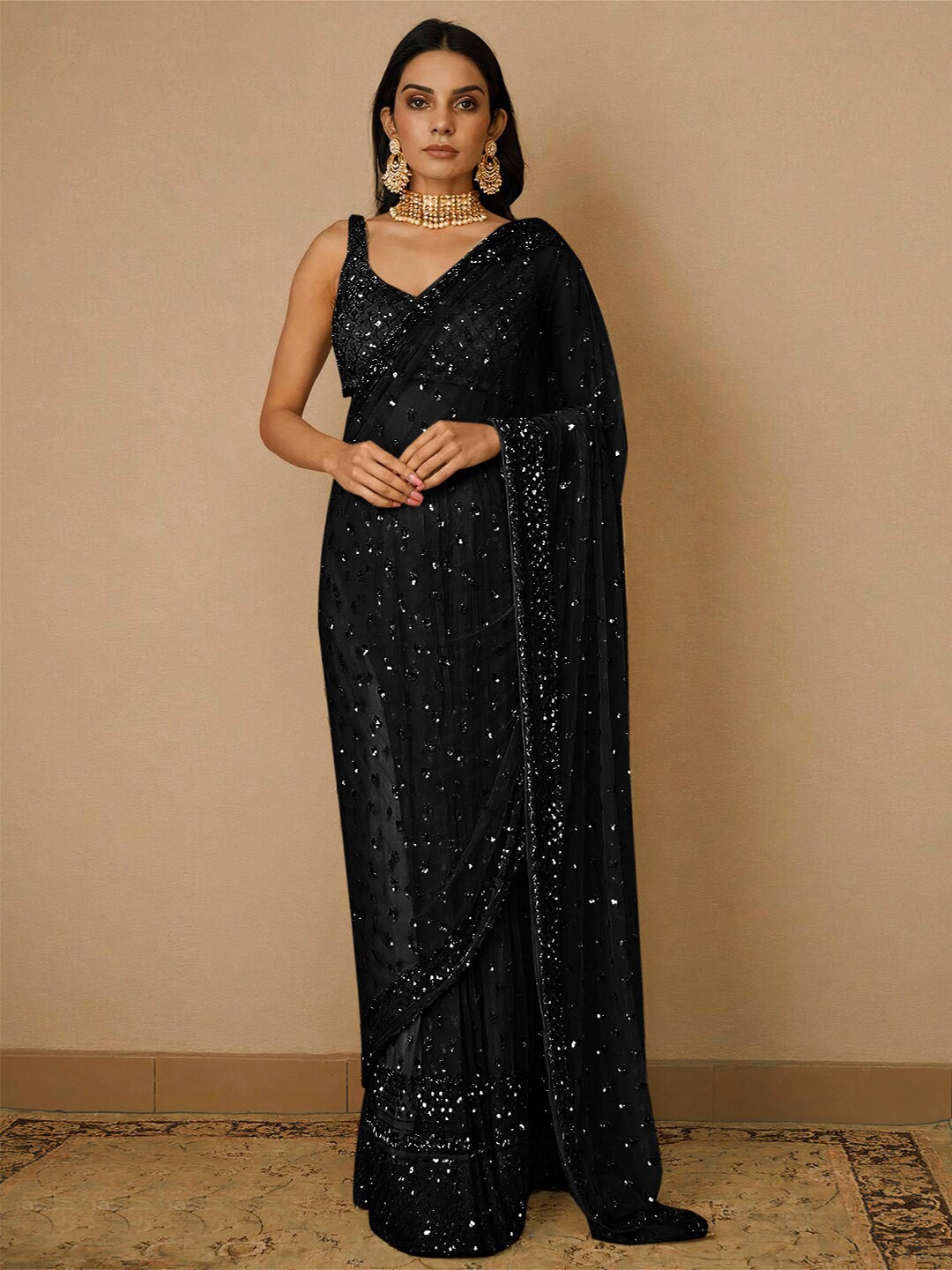

Angroop Embellished Sequinned Net Saree, Black