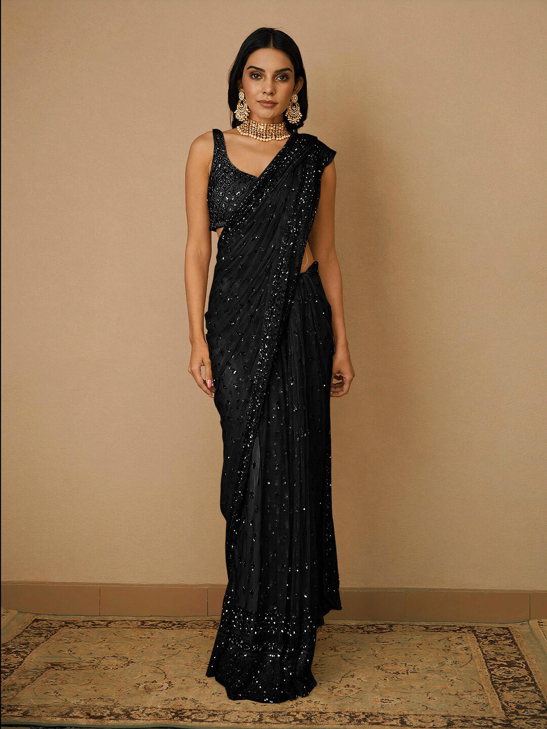 

Angroop Embellished Sequinned Net Saree, Black