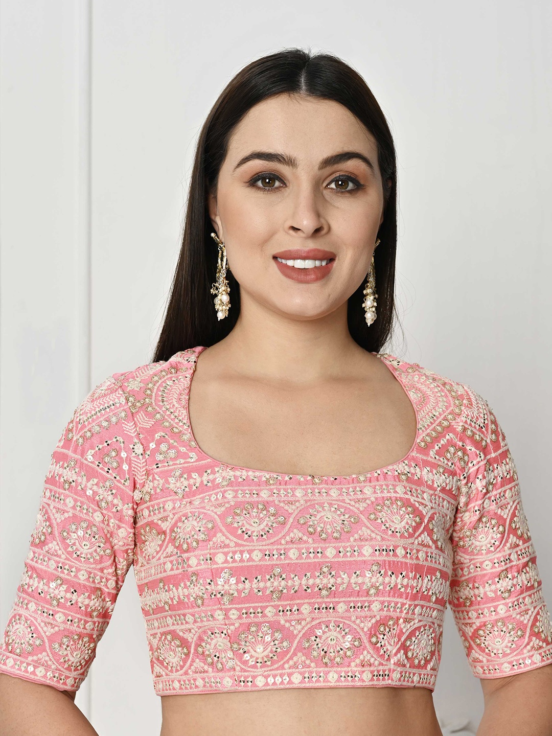 

Ethnovog Sequin Embroidered Round-Neck Saree Blouse, Pink