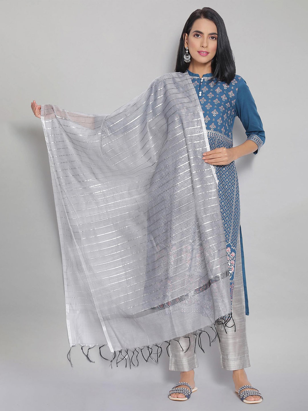 

AURELIA Striped Zari Dupatta, Grey