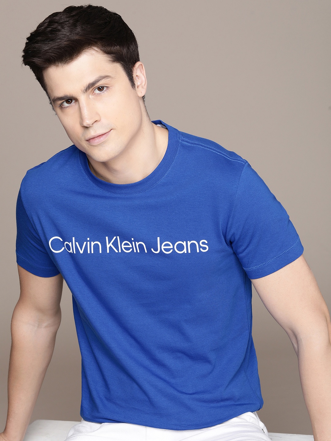 

Calvin Klein Jeans Pure Cotton Brand Logo Printed Slim Fit Casual T-shirt, Blue