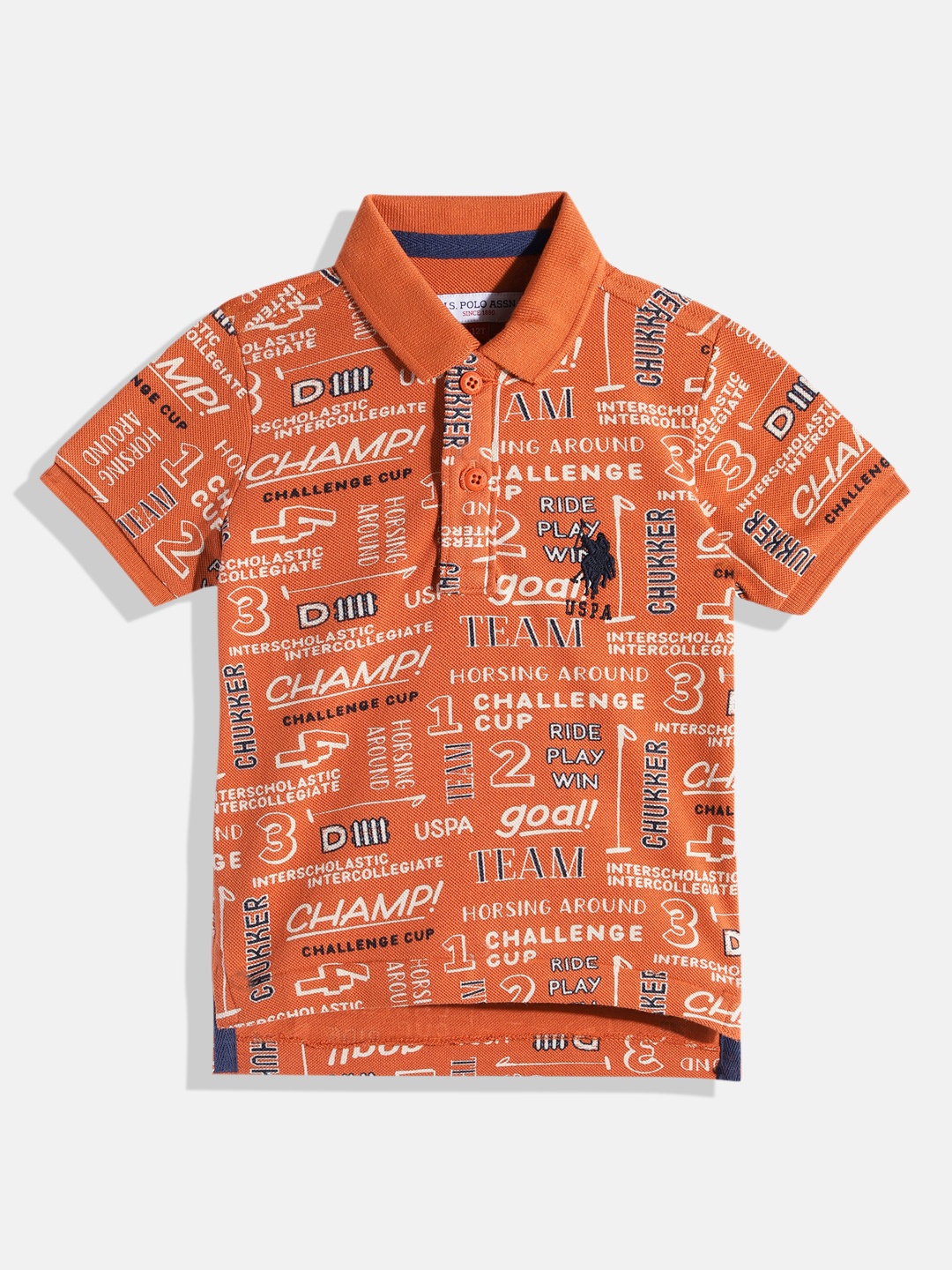 

U.S. Polo Assn. Kids Boys Typography Printed Polo Collar Pure Cotton T-shirt, Rust