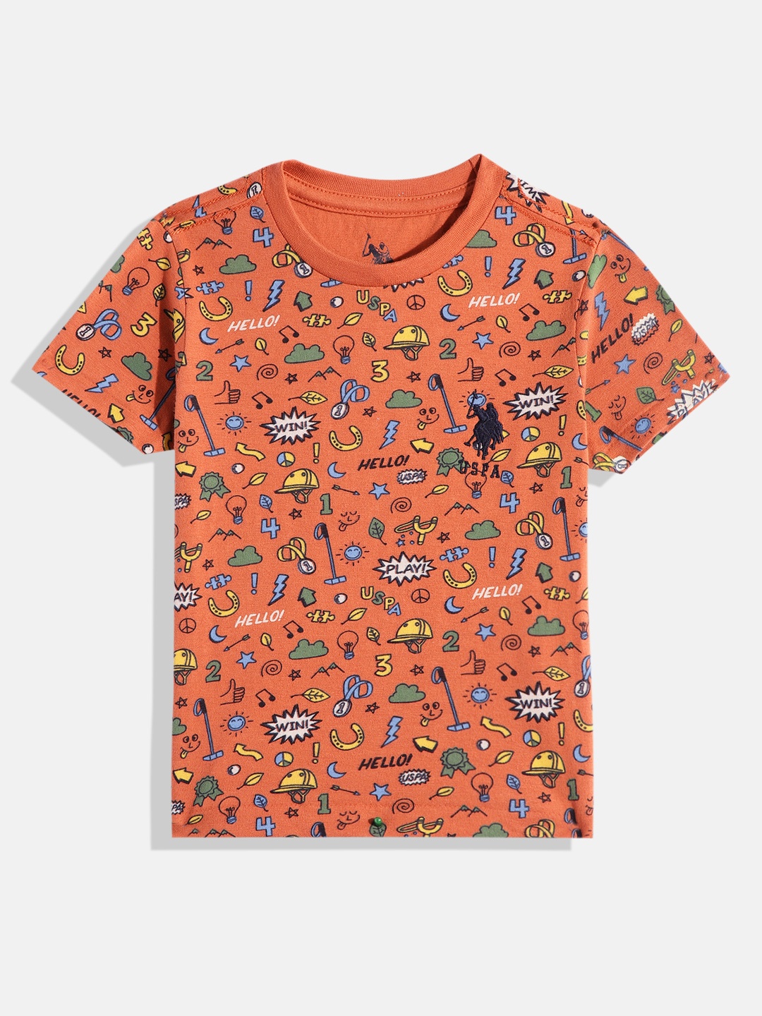 U.S. Polo Assn. Kids Boys Conversational Printed Pure Cotton T-shirt, Rust