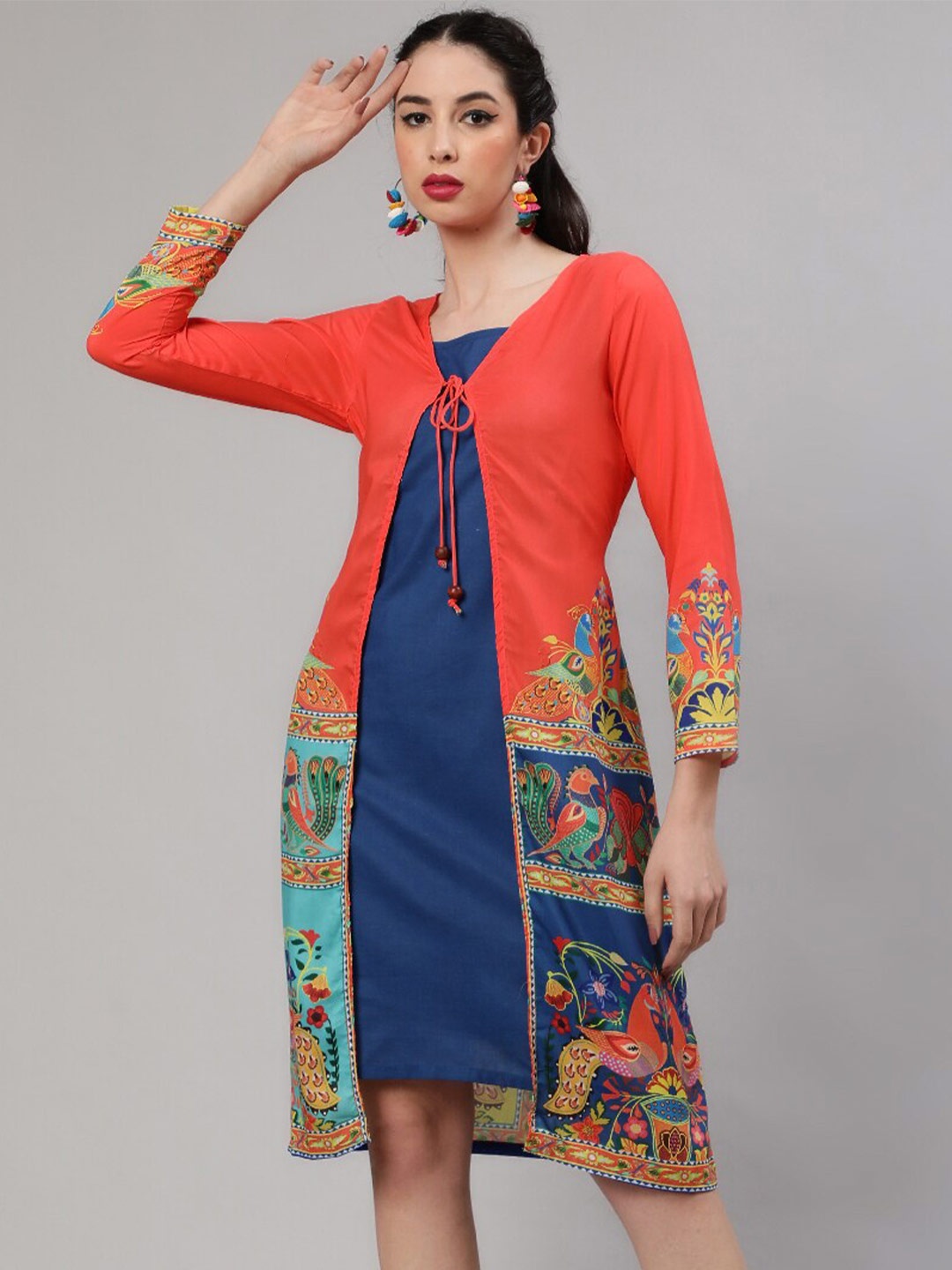 

AKS Orange Ethnic Motifs Printed Sheath Dress Wth Shrug, Navy blue