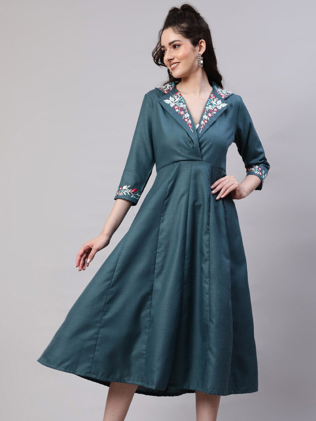 

AKS Floral Embroidered Lapel Collar Pleated Cotton Fit & Flare Midi Dress, Teal