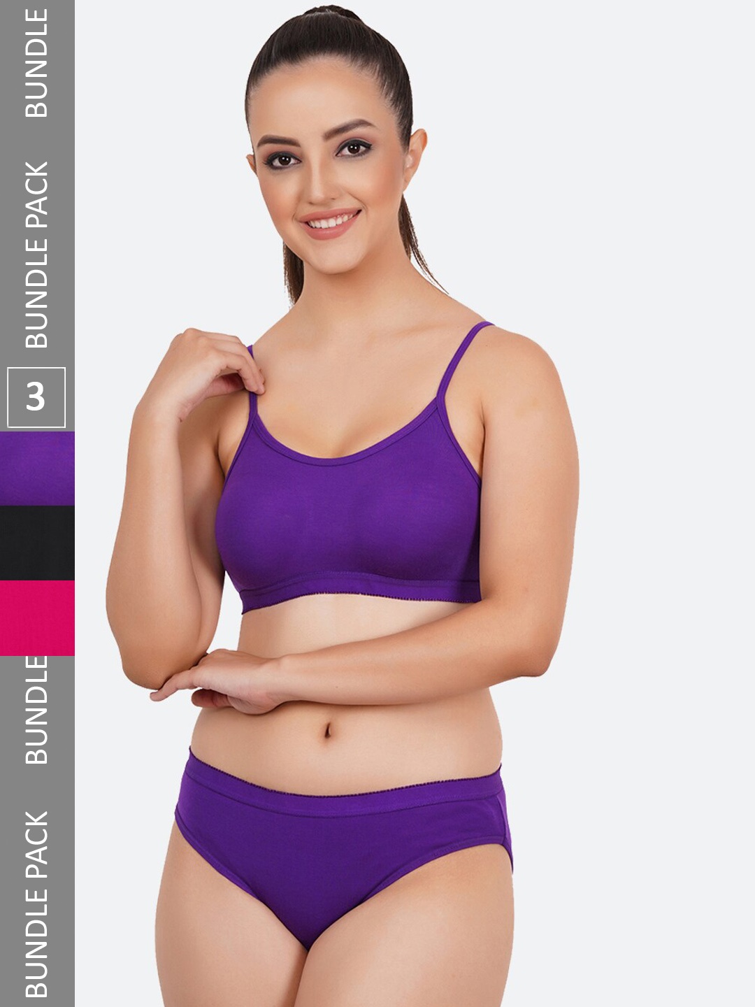 

Fleurt Pack Of 3 Cotton Lingerie Sets, Purple