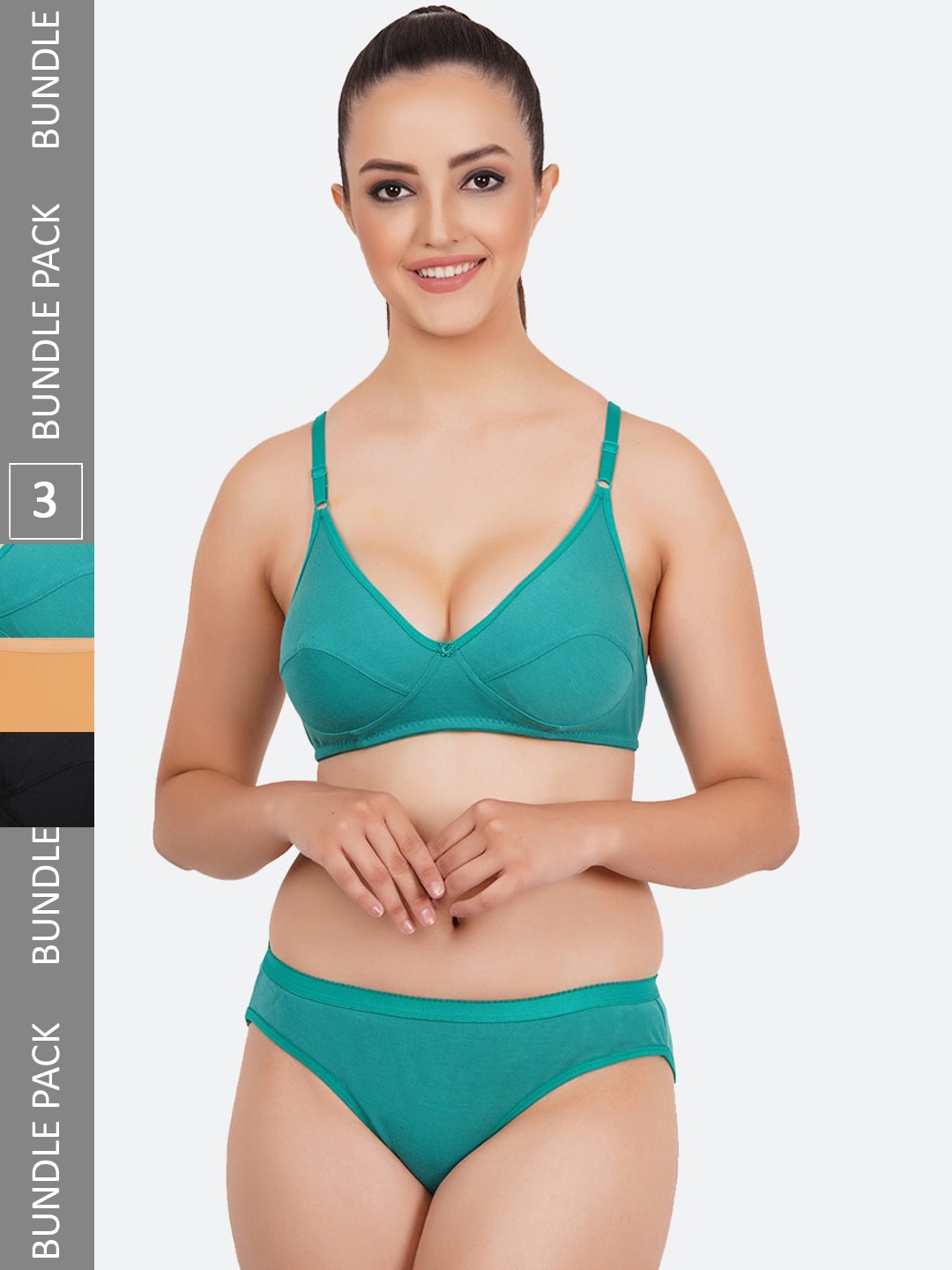 

Fleurt Pack Of 3 Non-Padded Cotton Lingerie Set, Green