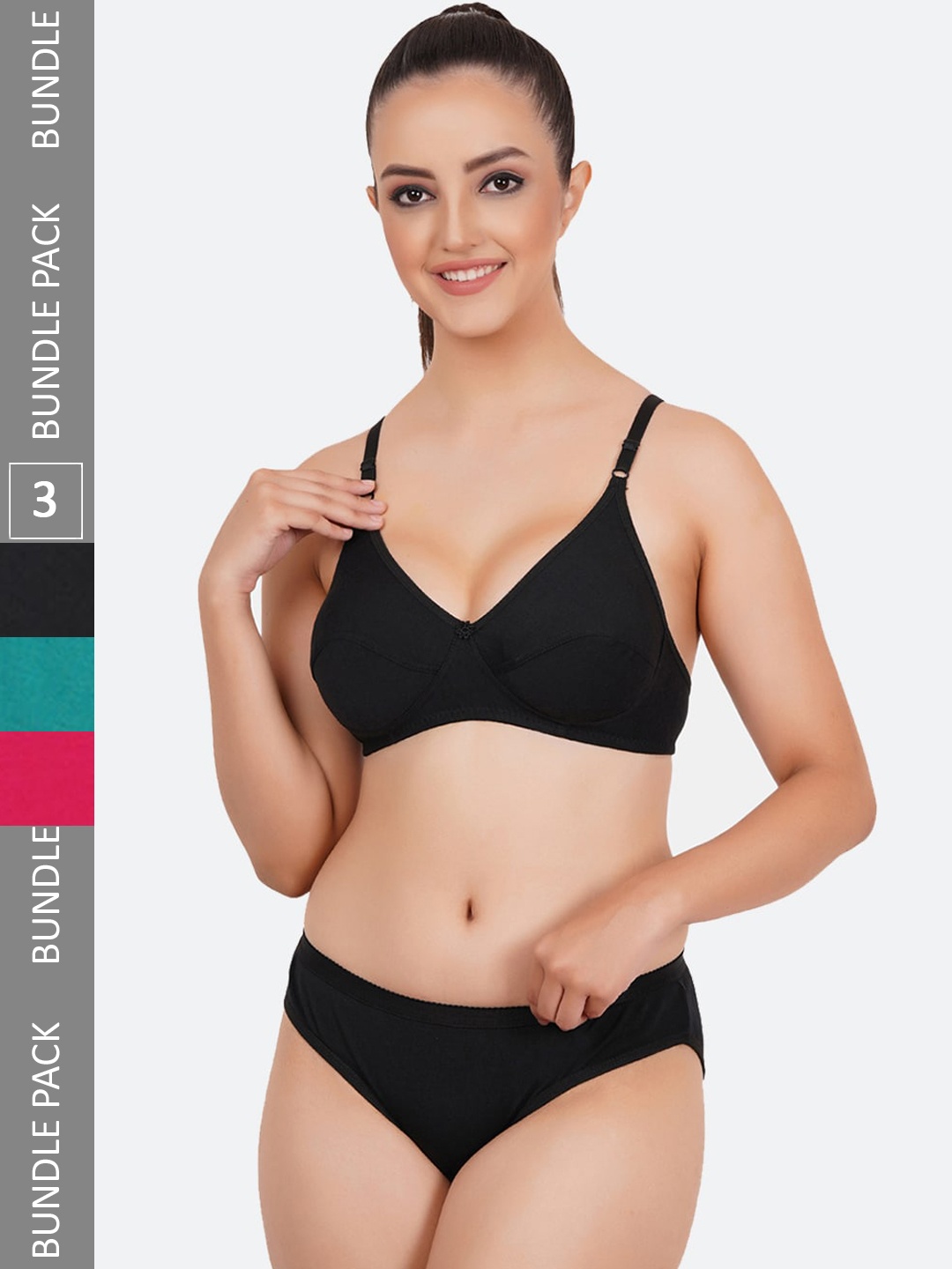 

Fleurt Pack of 3 Cotton Lingerie Set, Black