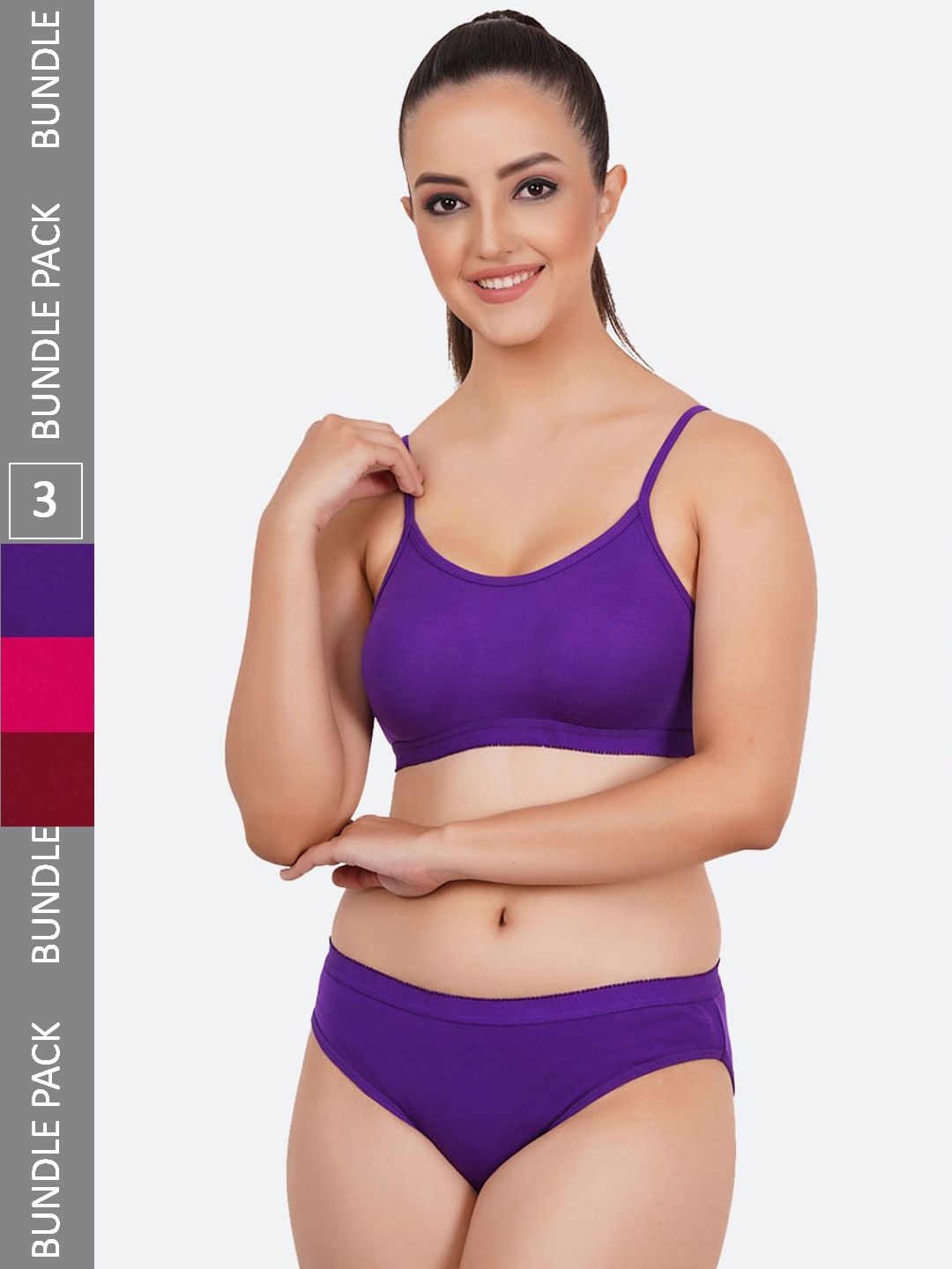 

Fleurt Pack Of 3 Cotton Lingerie Set, Violet