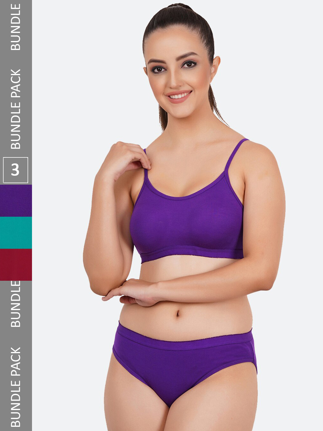 

Fleurt Pack Of 3 Non Padded Cotton Lingerie Set, Violet