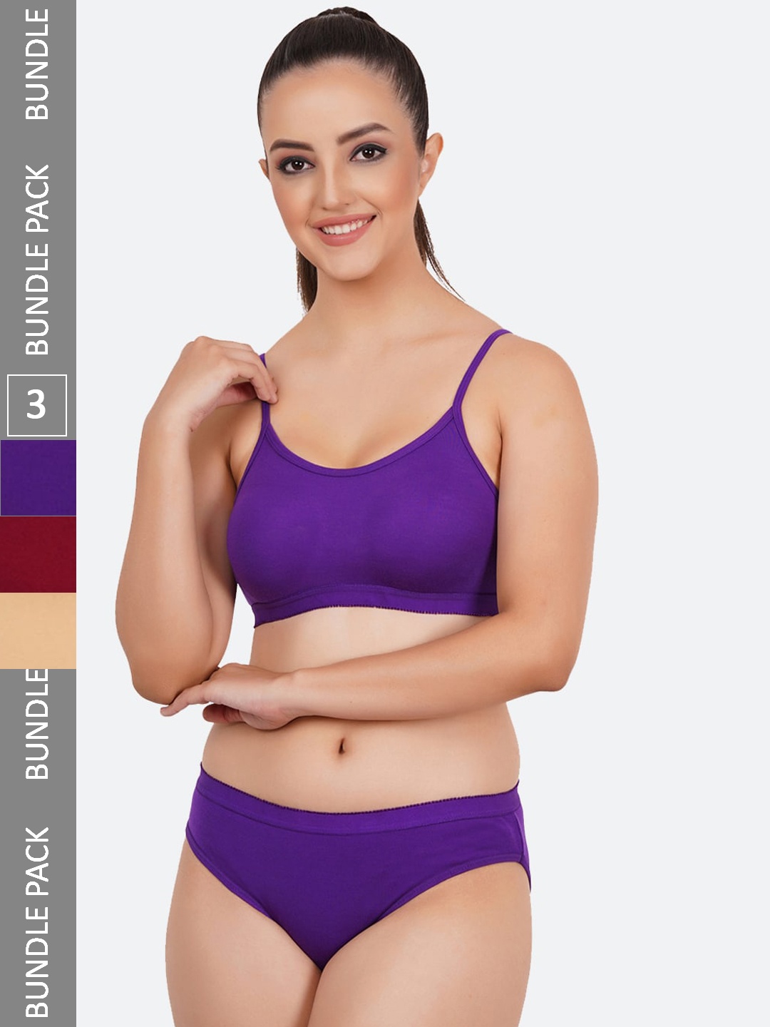 

Fleurt Pack Of 3 Cotton Lingerie Set, Violet