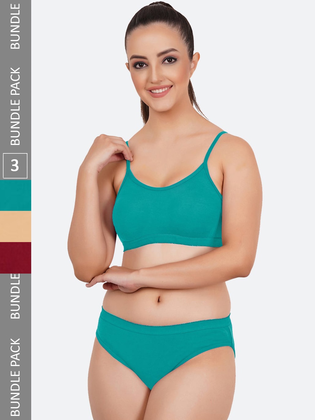 

Fleurt Pack Of 3 Cotton Lingerie Set, Green