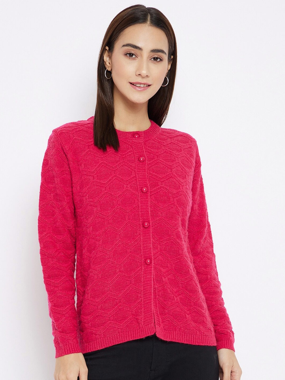 

CLAPTON Cable Knit Woollen Front-Open Sweaters With Applique Detail, Pink