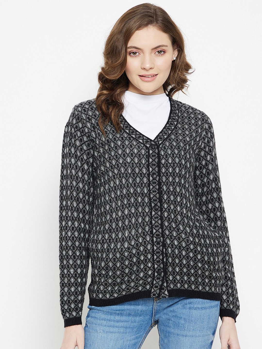 

CLAPTON Checked Woollen Front-Open With Applique Detail, Black