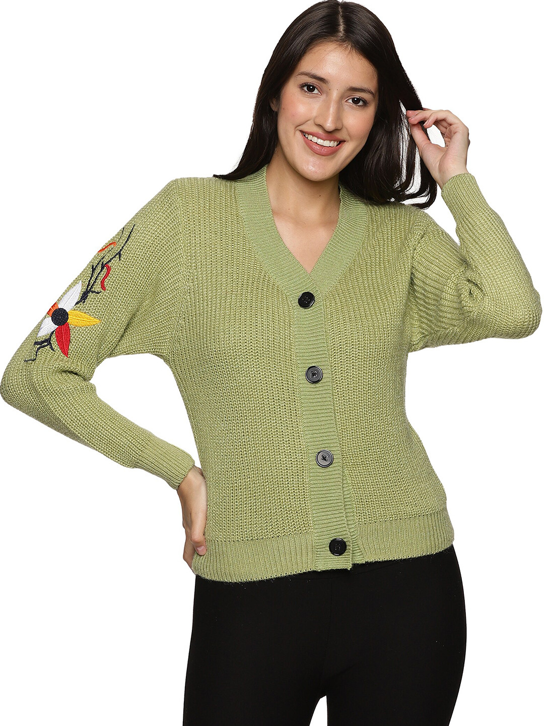 

CLAPTON Women Green & Yellow Woollen Longline Cardigan