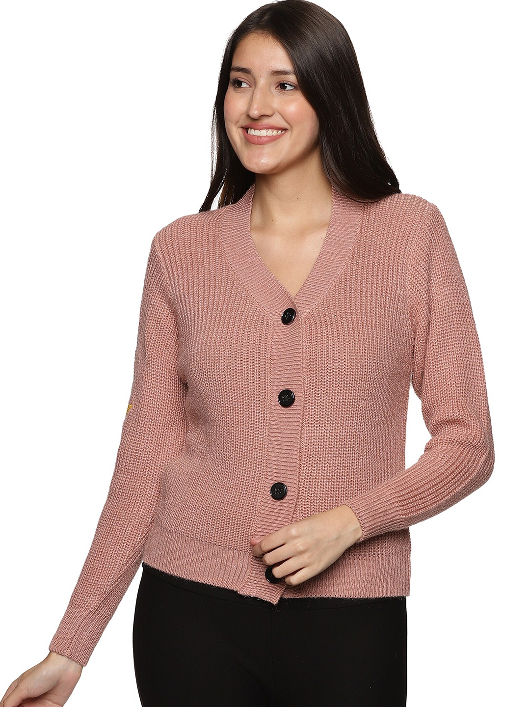 

CLAPTON Women Pink & Red Cable Knit Woollen Longline Cardigan with Applique Detail