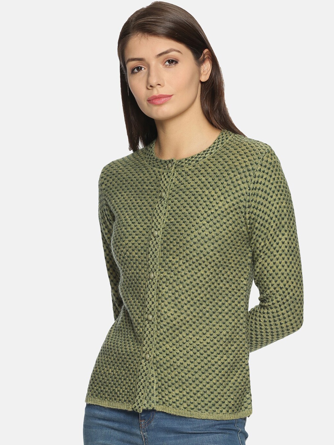 

CLAPTON Open Knit Self Design Woollen Cardigan, Green