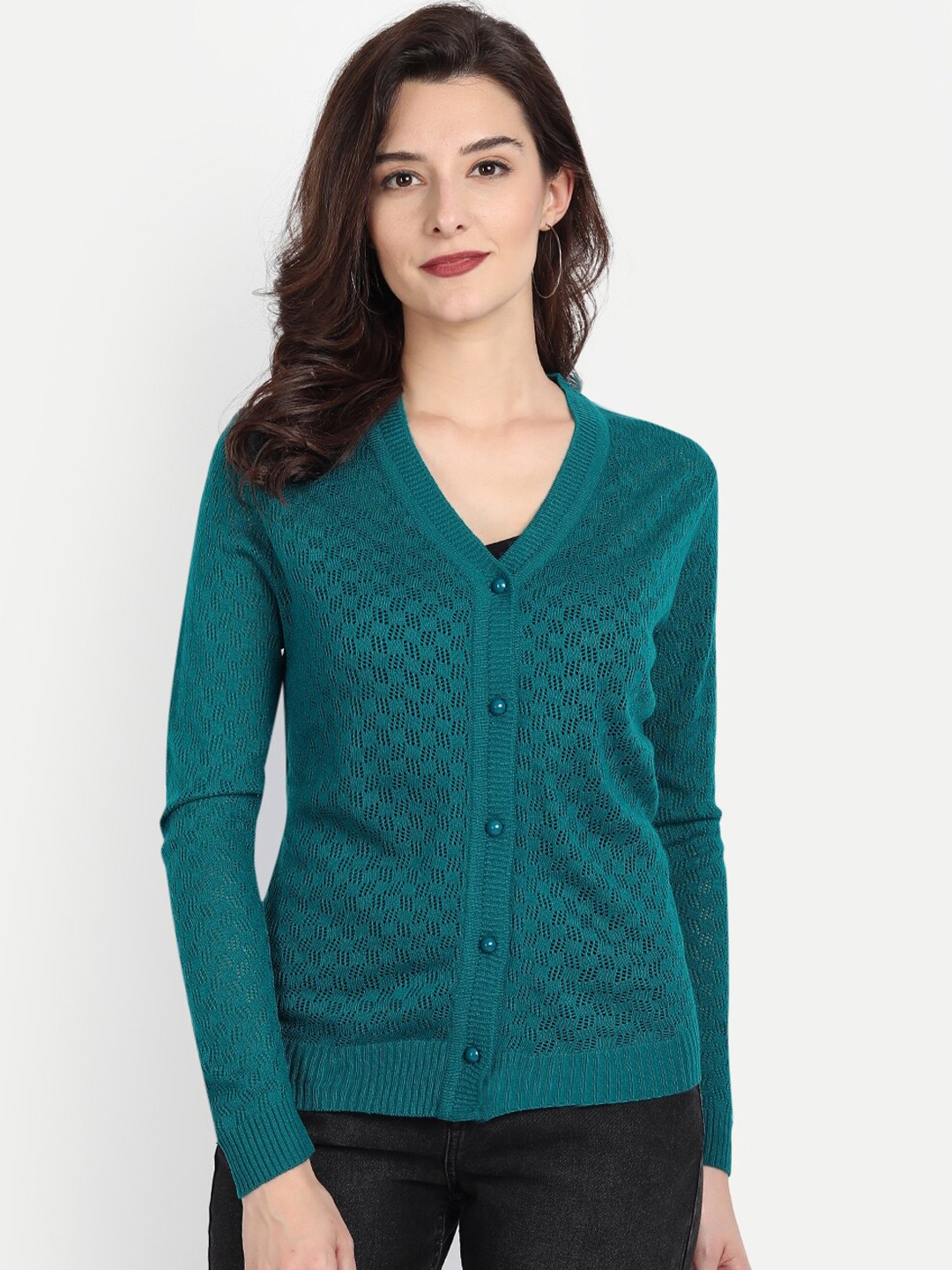 

CLAPTON Cable Knit Ribbed Knitted Wool Cardigan, Turquoise blue