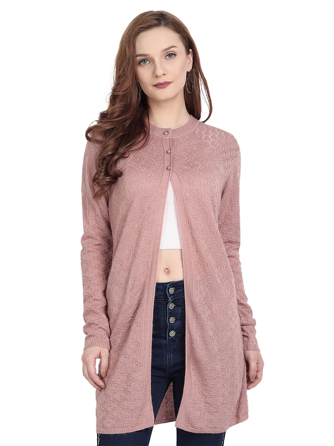 

CLAPTON Cable Knit Ribbed Knitted Wool Longline Cardigan, Peach