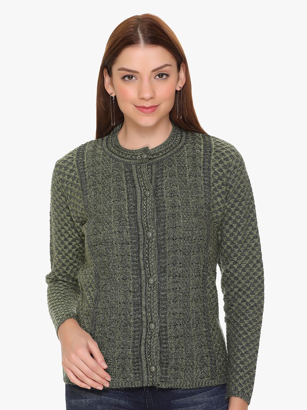 

CLAPTON Cable Knit Ribbed Knitted Wool Cardigan, Green