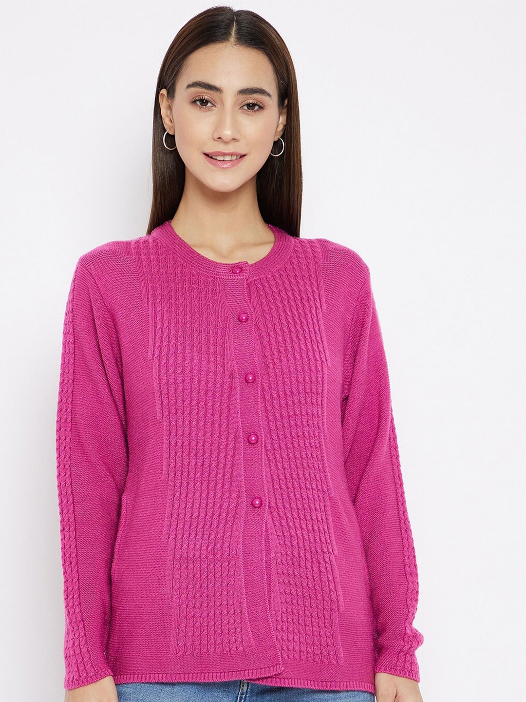 

CLAPTON Cable Knit Ribbed Knitted Wool Cardigan, Magenta