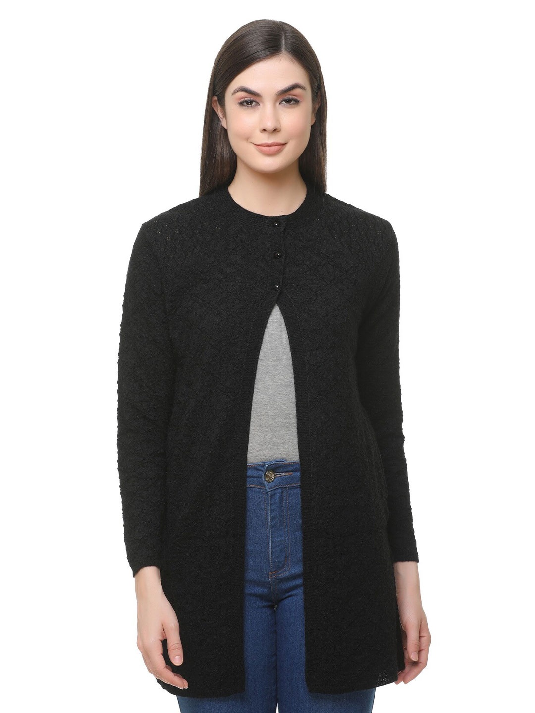 

CLAPTON Cable Knit Ribbed Knitted Wool Longline Cardigan, Black