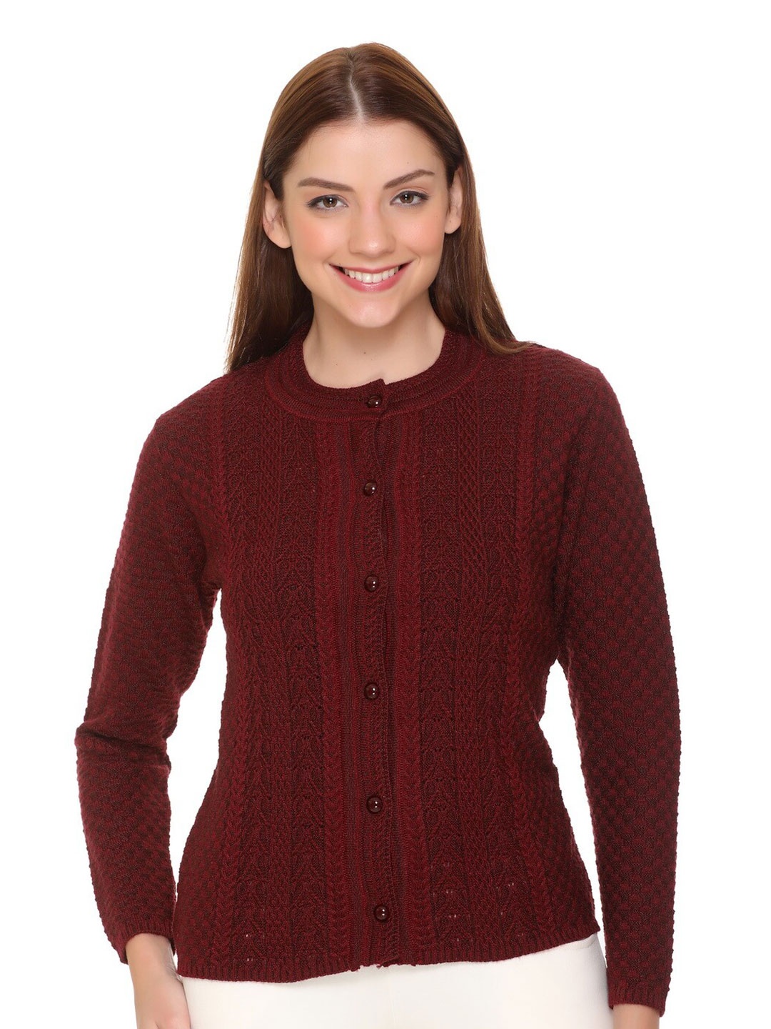 

CLAPTON Cable Knit Ribbed Knitted Wool Cardigan, Maroon