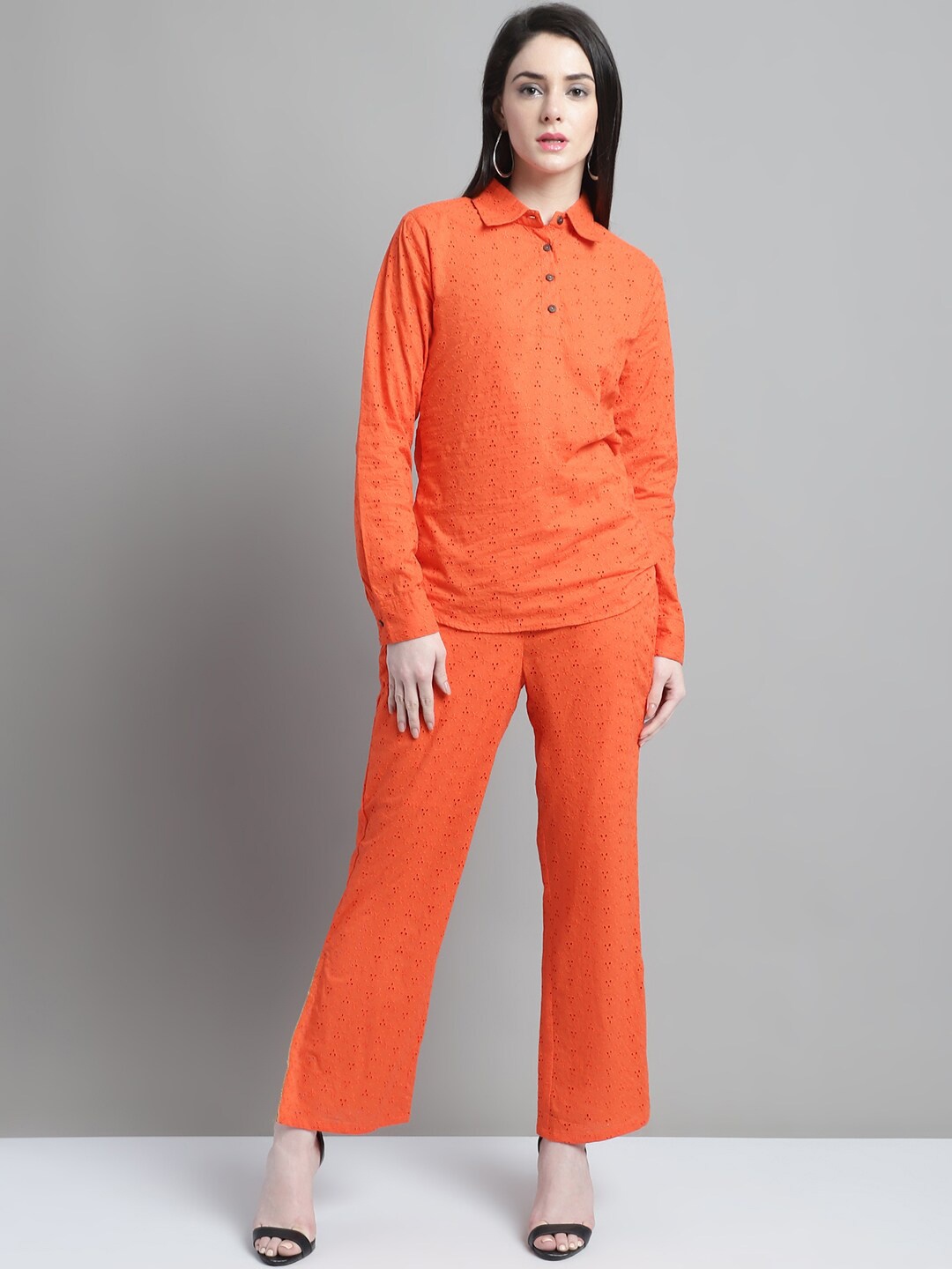 

MARC LOUIS Self-designed Schiffli Pure Cotton Top With Trousers, Orange