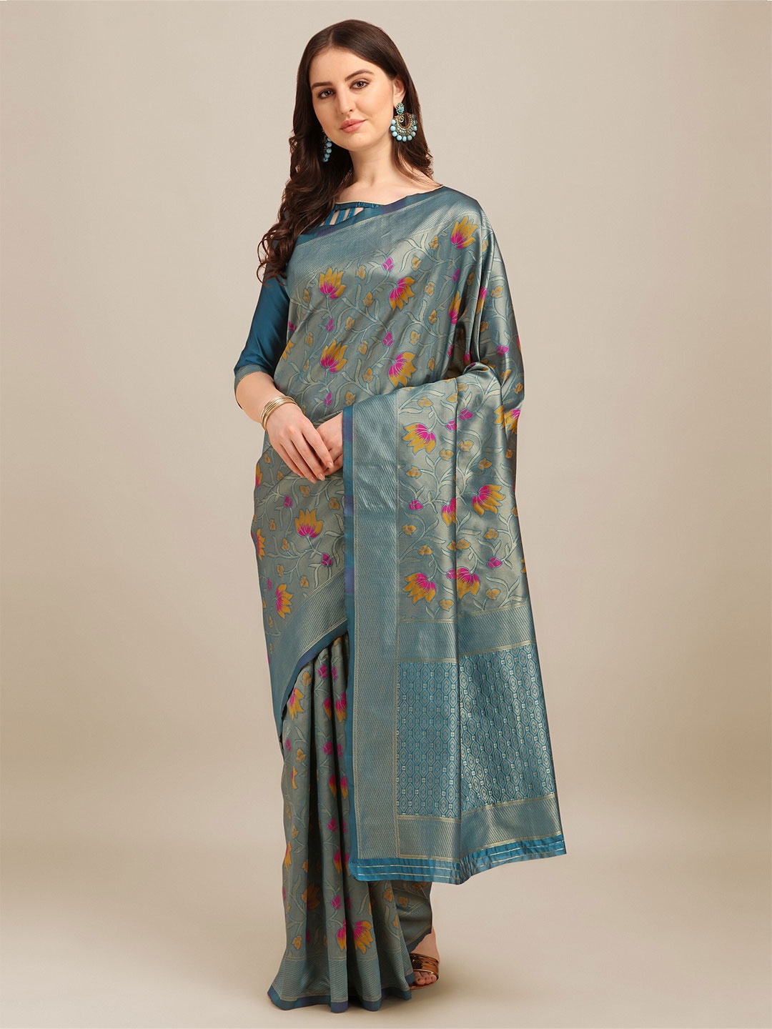 

Mitera Blue & Yellow Woven Design Zari Silk Cotton Banarasi Saree