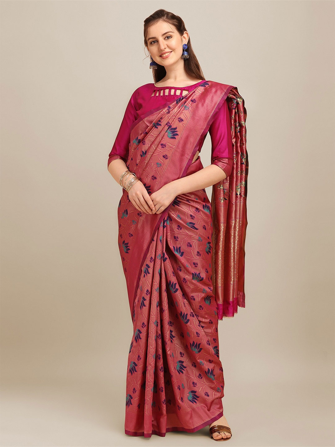 

Mitera Pink & Blue Woven Design Zari Silk Cotton Banarasi Saree