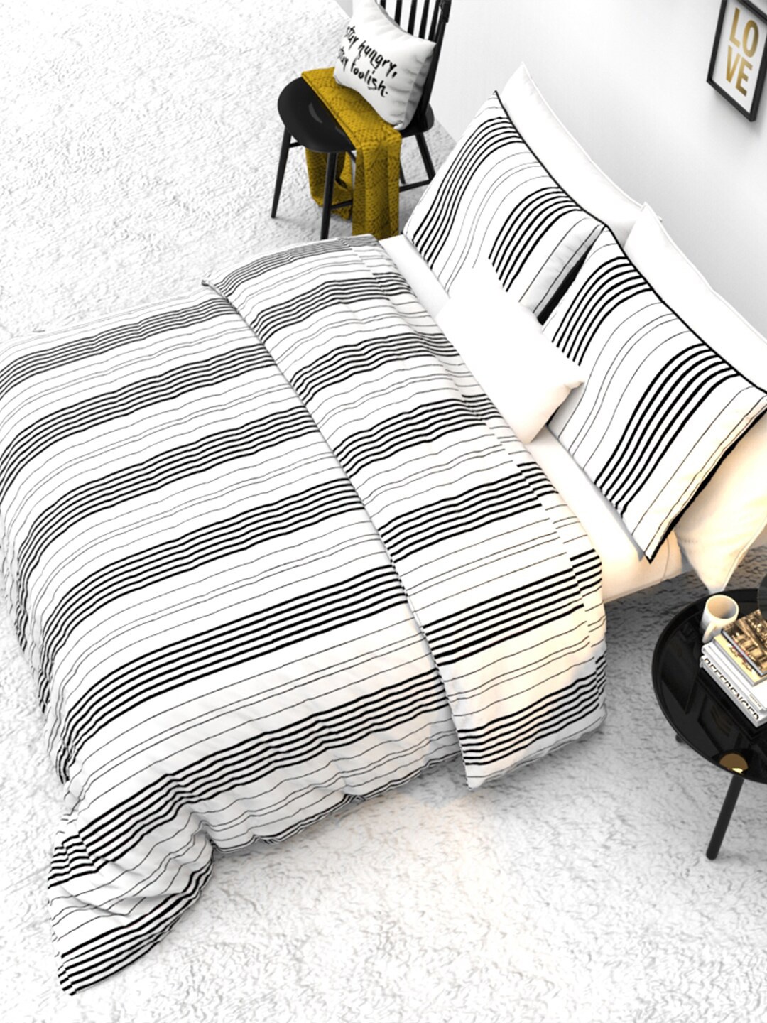 

THE WHITE MOSS Ebony & Ivory White Striped 160 TC King Bedsheet with 2 Pillow Covers