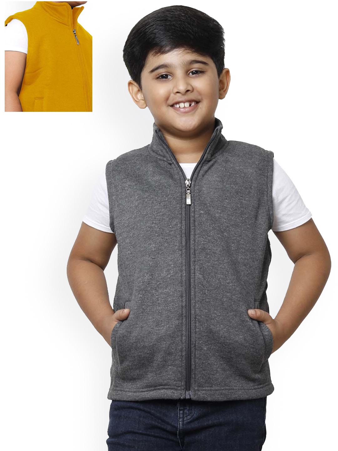 

IndiWeaves Boys Pack of 2 Mock Collar Lightweight Fleece Open Front Jacket, Grey