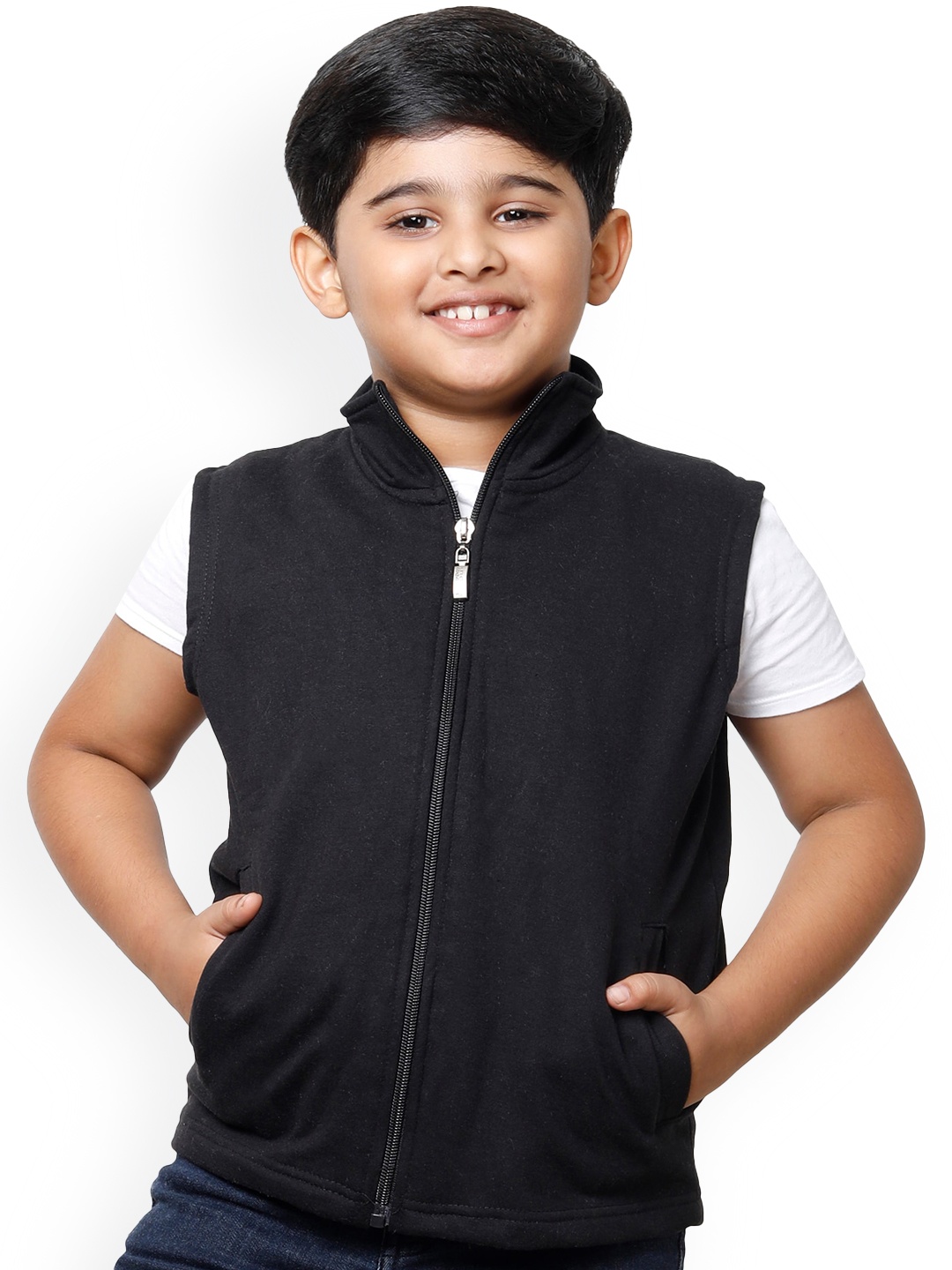 

IndiWeaves Boys Mock Collar Lightweight Fleece Open Front Jacket, Black