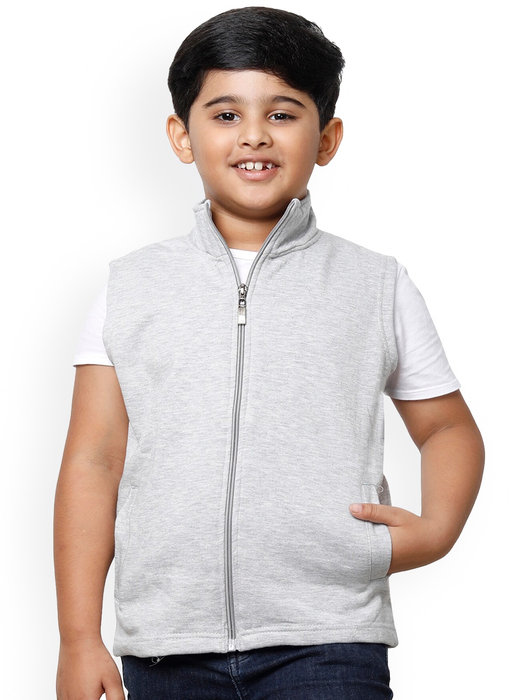 

IndiWeaves Boys Mock Collar Lightweight Fleece Open Front Jacket, Grey