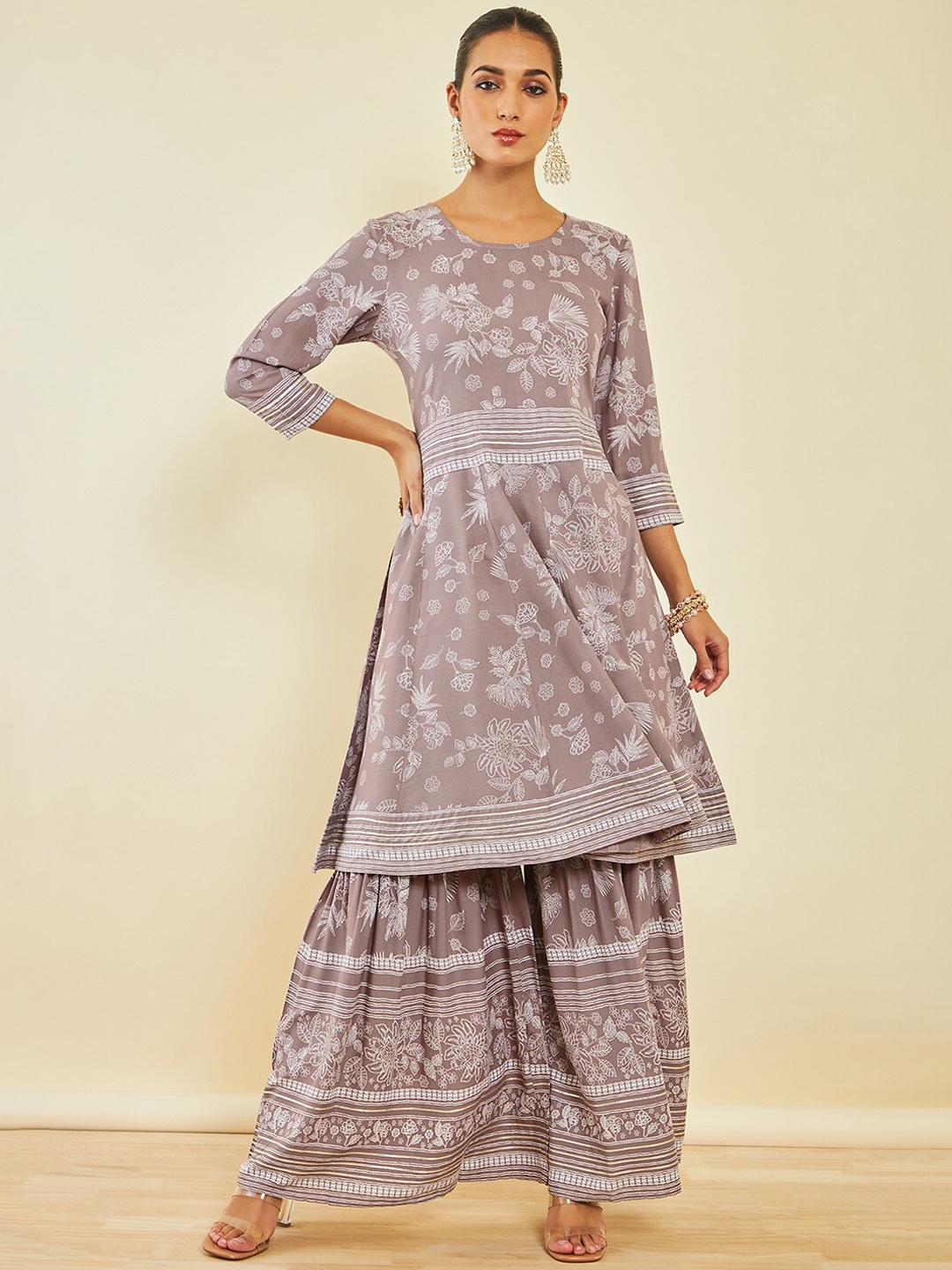 

Soch Floral Printed Regular Gotta Patti Kurta With Sharara, Brown
