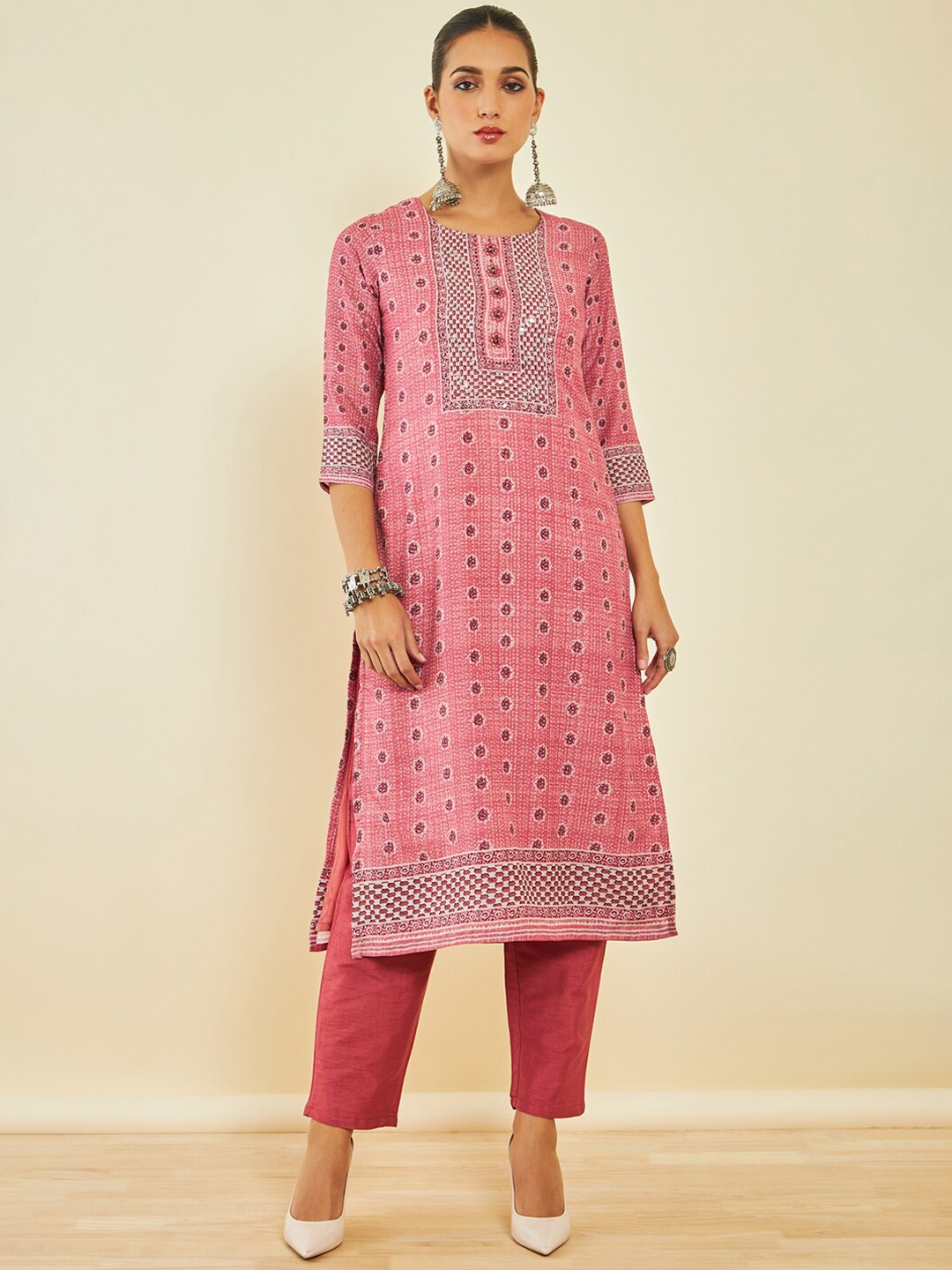 

Soch Ethnic Motifs Printed Sequinned Kurta With Trousers & Dupatta, Pink