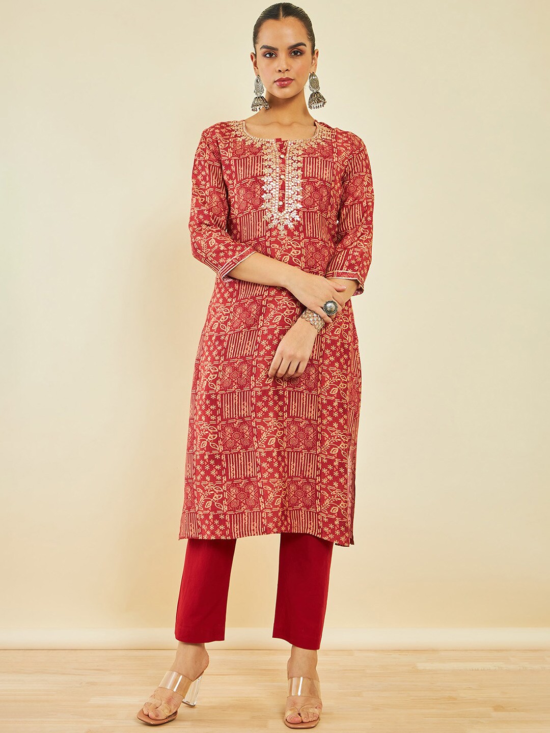 

Soch Ethnic Motifs Printed Regular Gotta Patti Kurta With Trousers, Rust