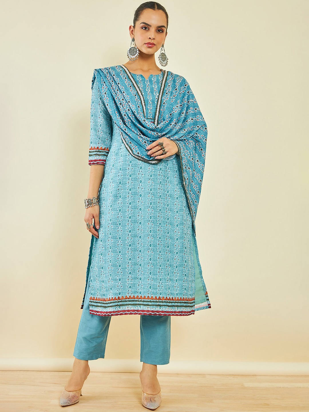 

Soch Ethnic Motifs Printed Regular Kurta With Trousers & Dupatta, Turquoise blue