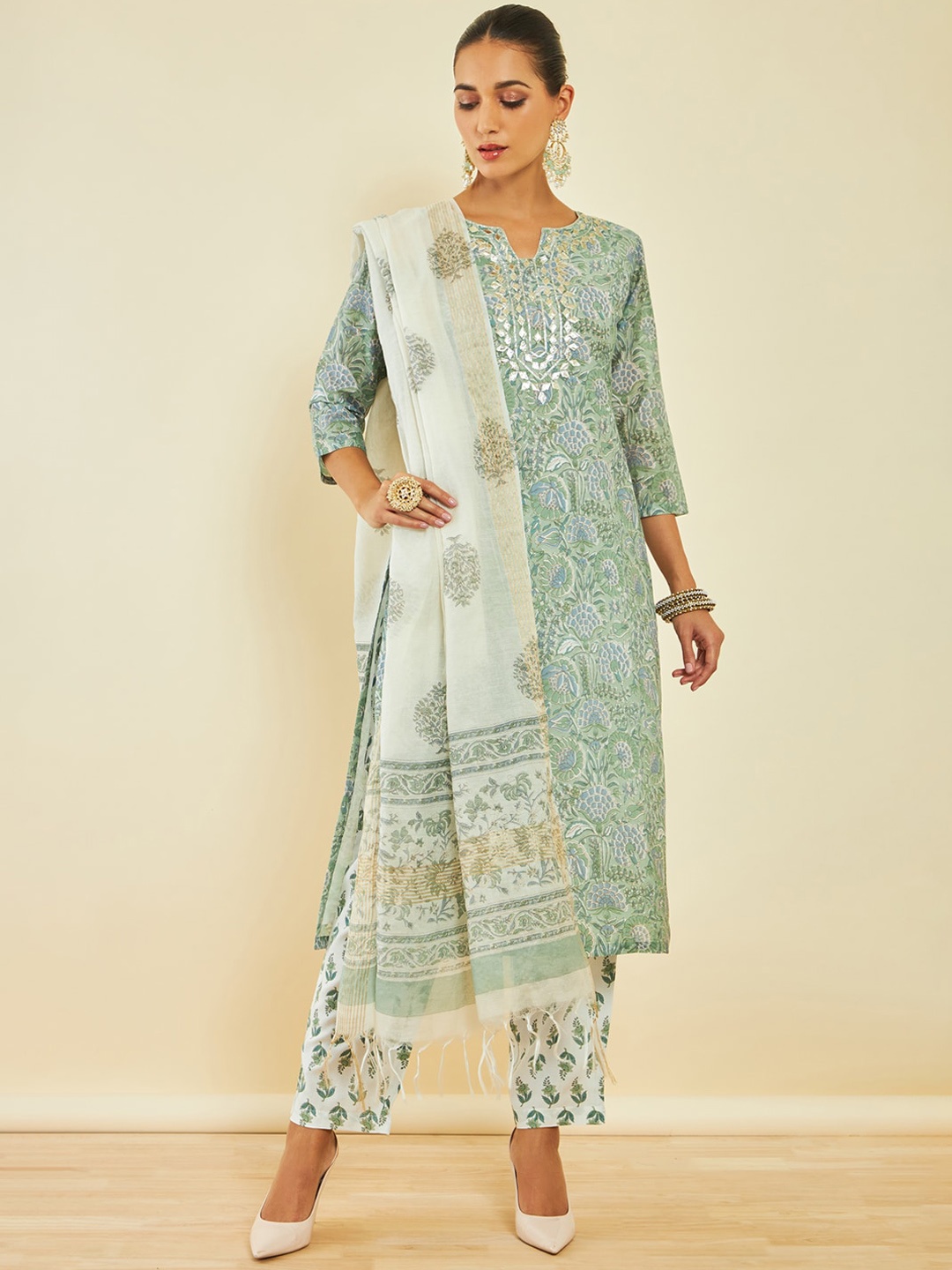 

Soch Floral Printed Gotta Patti Chanderi Silk Kurta With Trousers & Dupatta, Green