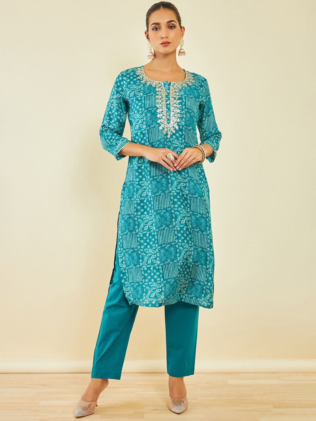 

Soch Ethnic Motifs Printed Regular Gotta Patti Kurta With Trousers, Blue