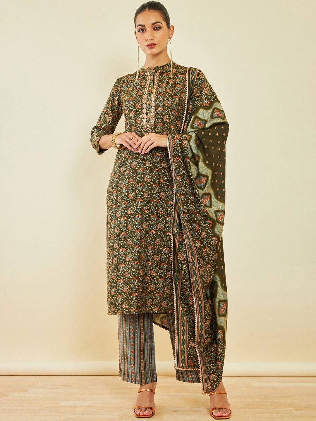 

Soch Floral Printed Regular Thread Work Kurta With Trousers & Dupatta, Olive