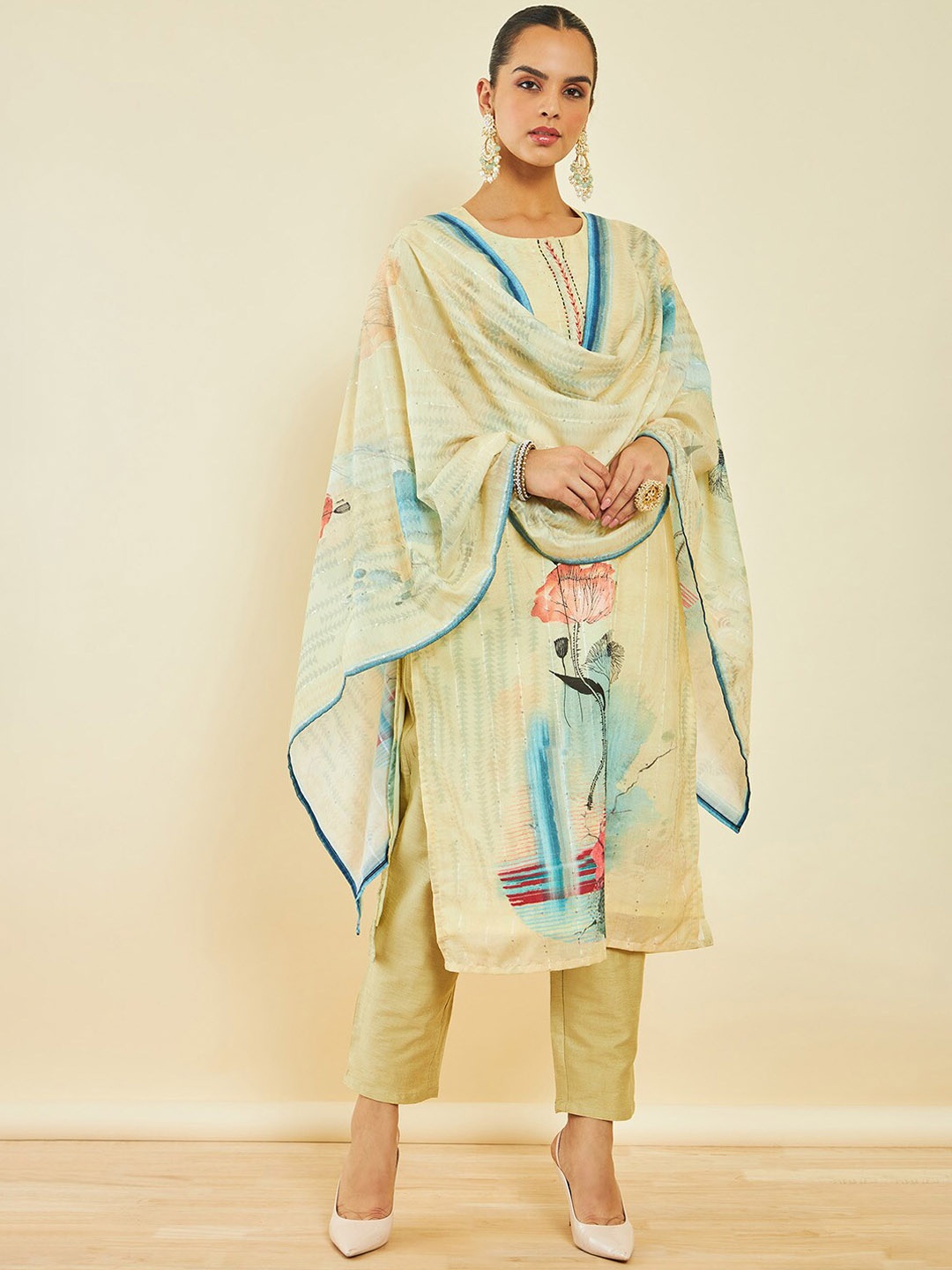 

Soch Floral Printed Regular Sequinned Kurta With Trousers & Dupatta, Yellow
